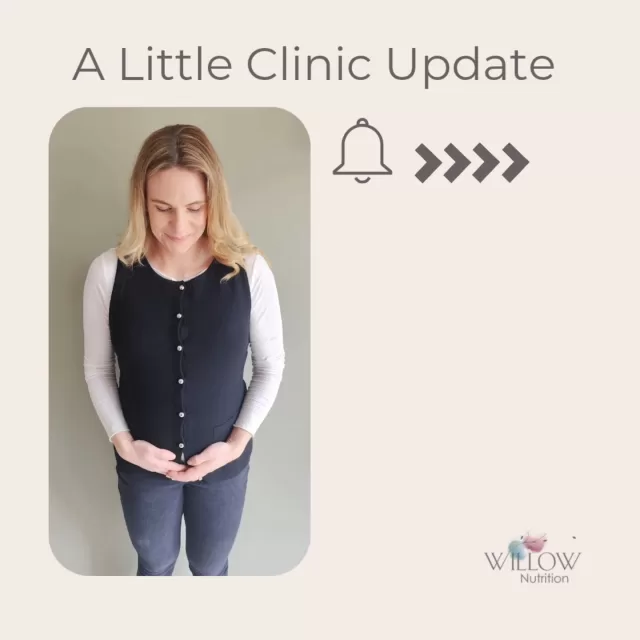 I have a little clinic update/some personal news to share with you all.

A new Willow Nutrition baby is on the way, arriving in July.

I want to acknowledge that pregnancy announcements can bring up a mix of emotions, especially in this space. If you need to step away from this post, please do what feels best for you.

In terms of clinic updates, I’ll be taking on a limited number of new clients until early June before taking a few months off.

If you’d like to work together before then, please reach out. And if you’d like to stay updated on clinic news, be sure to sign up for the Willow Nutrition newsletter via the link in bio.

With care,
Jess 💕